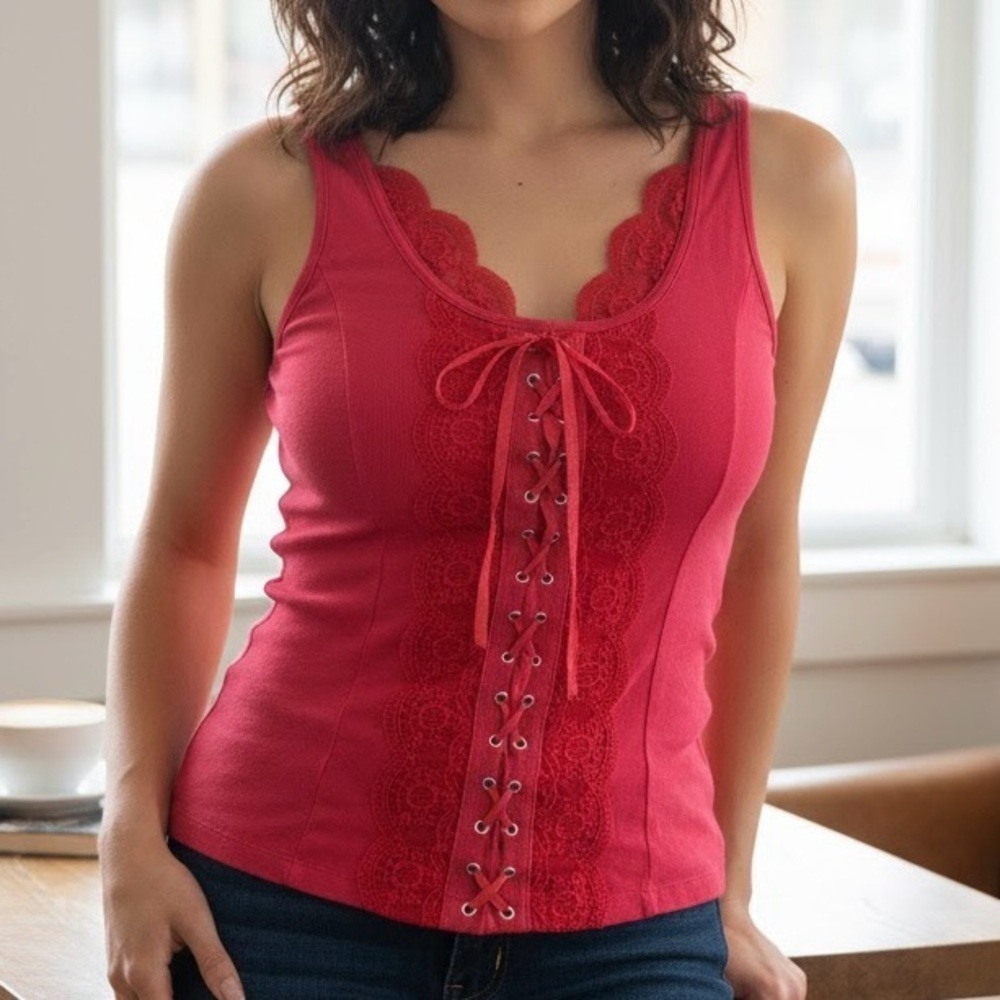 Red Lace-Up Corset Tank Top Ribbed Knit Lace Coquette Y2K 2000s Festival Fairy